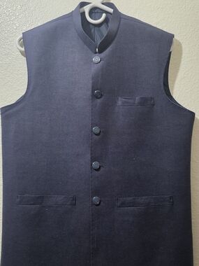 Pakistan Men's Silk Karandi Taylor Made WaistcoaNavy Mandarin Collar Button Vest